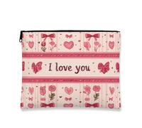 Romantico beauty case floreale, con cuori e fiocchi di pesca, per donne, organizer portatile da viaggio con cerniera, custodia per articoli da toeletta per San Valentino, Pesca, 7x9 Inch, Amore