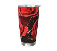 Romantico bicchiere con rose rosse con coperchio, 590 ml, a doppia parete, in acciaio inox, isolato, tazza termica da viaggio per bevande calde e fredde