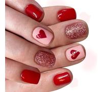 Romantico design a forma di cuore da spingere le unghie, 24 pezzi, finitura corta quadrata lucida, applicazione rapida, senza attrezzi richiesti, San Valentino, spingere le unghie rosse