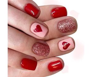 Romantico design a forma di cuore da spingere le unghie, 24 pezzi, finitura corta quadrata lucida, applicazione rapida, senza attrezzi richiesti, San Valentino, spingere le unghie rosse