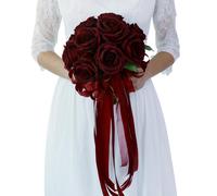 Romantico Fiore Di Rosa Wedding Bouquet Da Sposa Mano Che Tiene Fiore Vino Rosso