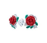 Romantico Fiore Fiorito Romantico Cz Verde Cz Foglia 3D Scolpito Red Rose Orecchini Per Le Donne Teen .925 Sterling Silver