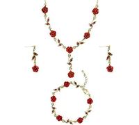 Romantico Fiore Rosa Rossa Gioielli Donna 3-Set Elegante Parure Gioielli Delicato Floreale Orecchini Braccialetto Pendenti Set Per Donne Ragazze