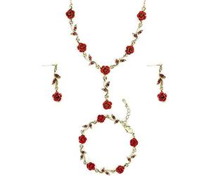 Romantico Fiore Rosa Rossa Gioielli Donna 3-Set Elegante Parure Gioielli Delicato Floreale Orecchini Braccialetto Pendenti Set Per Donne Ragazze
