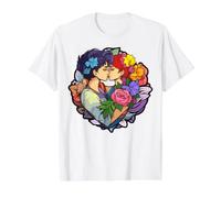 Romantico Floreale Coppia Bacio Graphic Art Maglietta con Stampa Grafica Economica