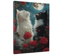 Romantico gatto arte da parete, bianco nero felino, decorazione floreale chiaro di luna per l'estetica della casa in soggiorno camera da letto, senza cornice, 20,3 x 30,5 cm