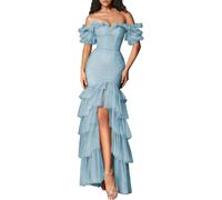 Romantico Off - Spalla Vestito da donna, abito a sirena con volant a più livelli per eventi serali e promenade, Blu polvere., 52