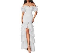 Romantico Off - Spalla Vestito da donna, abito a sirena con volant a più livelli per eventi serali e promenade, Blanco., 52
