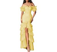 Romantico Off - Spalla Vestito da donna, abito a sirena con volant a più livelli per eventi serali e promenade, Giallo, 46