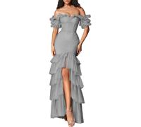 Romantico Off - Spalla Vestito da donna, abito a sirena con volant a più livelli per eventi serali e promenade, Grigio, 46