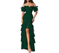 Romantico Off - Spalla Vestito da donna, abito a sirena con volant a più livelli per eventi serali e promenade, Verde Oscuro, 52
