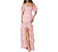 Romantico Off - Spalla Vestito da donna, abito a sirena con volant a più livelli per eventi serali e promenade, Rosado, 52
