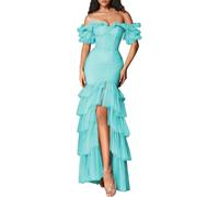 Romantico Off - Spalla Vestito da donna, abito a sirena con volant a più livelli per eventi serali e promenade, Acqua., 52
