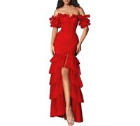 Romantico Off - Spalla Vestito da donna, abito a sirena con volant a più livelli per eventi serali e promenade, Rosso, 52 Più