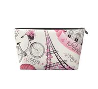 Romantico Parigi Torre Eiffel Bicicletta Stampato Pelle Viaggio Toiletry Makeup Bag con Cerniera Oro per le Donne in Movimento, Argento, One Size, Beauty case