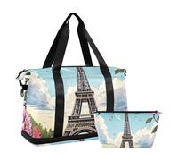 Romantico Parigino Torre di Ferro con Fiori Blu Travel Duffel Bags Weekend Bag con Toiletry Bag per Viaggio Pieghevole, Romantico Parigino Torre di Ferro con fiori blu, 1 size