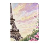 Romantico Parigino Torre di Ferro con Fiori Rosa Cuoio Decorativo Porta Passaporto Coperture Caso Documenti di Viaggio Organizer Protector Badge ID Vaccino Card Holder Portafoglio Ultra Sottile,