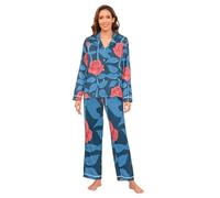 Romantico Rose rosse per San Valentino Donne Raso Pigiama Set Classico Button Down Piuma Polsino Seta Pj Set Damigella D'onore M conjuntos de 2 piezas para mujer manica lunga loungewear 2 pezzi lounge