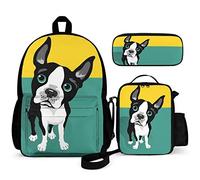 Romantico Torre Eiffel Zaino per bambini Set 3 pezzi Back To School 40,6 cm borsa libro con borsa pranzo astuccio per ragazzi ragazze 1-6 ° grado, Cane Boston Terrier, One Size