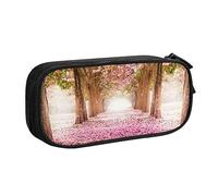 Romantico tunnel di alberi di fiori rosa stampato matita sacchetto trucco portagioie scatola portatile portagioie da viaggio nero, Nero , Taglia unica, Astuccio portamatite
