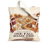 Romantico viaggio su strada autunnale citazione mappa tela tote bag 33 x 38 | Strada a forma di cuore, cabine accoglienti, caldi colori autunnali, tema di viaggio stagionale, estetica romantica