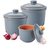 Romertopf Set di 3 pentole fresche - Aglio, cipolle e patate - Argilla traspirante mantiene le verdure fresche più a lungo - Blu-grigio