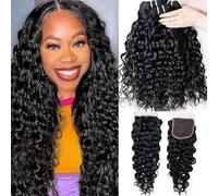 Romface Human Hair Bundles Capelli Brasiliani Naturali Extension Water Wave Bundles Capelli Umani Ricci Extension Capelli Veri Tessitura Onda D'acqua Weave Hair Bundles for Women 14 16 18+12 Pollice
