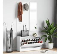 ROMHZKS Set di 3 mobili da corridoio bianco in legno con scarpiera, specchio da parete e appendiabiti con 4 ganci per cappotti, borse e sciarpe, pratica soluzione di archiviazione per il