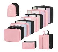 Romon 14-Pezzi 2-Colori Organizer Valigia, impermeabile Packing Cubes con doppia cerniera & mesh - Organizer Viaggio per viaggi, casa (14 Nero & Rosa)
