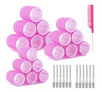 Romon 31 Pezzi Bigodini Grandi Set, 18 Pz Autoafferranti e 12 Pz Fermagli Grandi Hair Rollers, Boccoli Capelli Senza Calore per Salon Barber, Dormire, Capelli Lunghi e Corti(Rosa)