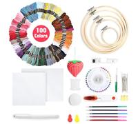 Romon Filo da Ricamo, Kit da Ricamare Braccialetti Kit Punto Croce con 5 Cerchi In Bambù, 100 Fili Colorati, 3 Pezzi di Tela Aida e Strumenti per il Cucito