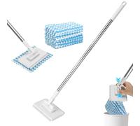 Romon Mocio Pressione Senza Contatto Bianco, Asta 100cm,10er Microfibra blu | Asta acciaio 100cm+testina 16x8cm, meccanismo a pressione, per pavimenti/vetri/mobili/soffitti, tutti i tessuti