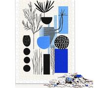 Rompecabezas de 1000 piezas de arte botánico abstracto moderno azul y negro: decoración minimalista para adultos, juegos educativos para el hogar, juguetes de bricolaje, 38 x 26 cm (1000 piezas)