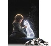 Rompecabezas de 1000 piezas de Ethereal Bond - Arte de gato y niño brillante - Retrato de conexión mística Rompecabezas sostenible para adultos (38 x 26 cm/1000 piezas)
