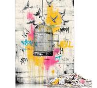 Rompecabezas de 1000 piezas de Freedom Birds - Póster de arte callejero con grafiti de jaula abierta para adultos. Rompecabezas de madera para decoración del hogar, 1000 piezas (75 x 50 cm).