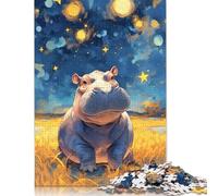 Rompecabezas de 1000 piezas de hipopótamo bajo el cielo estrellado para adultos, rompecabezas para adultos, rompecabezas de actividades familiares, 38 x 26 cm/1000 piezas