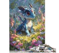 Rompecabezas de 1000 piezas de un lindo bebé dragón en un campo de flores para adultos y adolescentes. Juego educativo para adultos (1000 piezas, 75 x 50 cm).