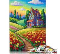 Rompecabezas de 1000 piezas de una casa colorida con paisaje floral para adultos, rompecabezas de madera de 1000 piezas (75 x 50 cm)