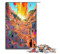 Rompecabezas de 1000 piezas: Escena psicodélica colorida en el puerto sagrado de madera de Grecia. Rompecabezas de madera para adultos. Juego desafiante. 1000 piezas (38 x 26 cm).