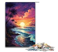 Rompecabezas de 1000 piezas para adultos colorido atardecer psicodélico en la playa divertido rompecabezas familiar con póster a juego y hoja de trivia (75 x 50 cm)