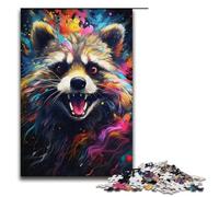 Rompecabezas de 1000 piezas para adultos diseño de mapache psicodélico colorido de madera ideal para juegos familiares y cumpleaños (38 x 26 cm)
