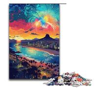Rompecabezas de 1000 piezas para adultos: Paisaje psicodélico colorido en la playa de Copacabana. Rompecabezas familiar con póster a juego y hoja de trivia (38 x 26 cm).