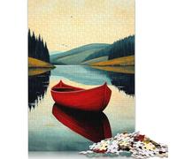 Rompecabezas de 500 piezas con reflejo de barco rojo - Naïf Serene Lake Art para adultos, juegos educativos para el hogar, juguetes de bricolaje (52 x 38 cm)