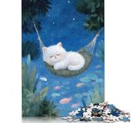Rompecabezas de 500 piezas de gato durmiendo en una hamaca bajo las estrellas para adolescentes, regalo de madera, rompecabezas para adultos, rompecabezas familiar, 500 piezas (52 x 38 cm)