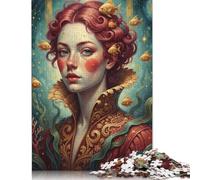 Rompecabezas de 500 piezas Retrato de una mujer con un pez dorado para adultos, juego educativo para adultos y adolescentes (52 x 38 cm)