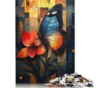 Rompecabezas de mariposa de vitral sobre una flor vibrante para adultos y adolescentes, 500 piezas, juego educativo, juguete de desafío (52 x 38 cm)