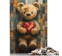 Rompecabezas de papel de oso de peluche con corazón en estilo vitral de 1000 piezas, rompecabezas de actividades familiares de 38 x 26 cm/1000 piezas