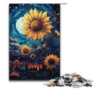 Rompecabezas para adultos: Girasoles psicodélicos coloridos en el cielo estrellado. Rompecabezas de madera de 1000 piezas para niños a partir de 12 años. Juguetes educativos. 1000 piezas (38 x 26 cm).