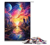 Rompecabezas psicodélico de 1000 piezas con atardecer en la ciudad ideal para adultos parejas y adolescentes a partir de 14 años (38 x 26 cm).