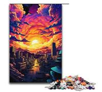 Rompecabezas psicodélico de 1000 piezas con atardecer en la ciudad ideal para adultos parejas y adolescentes a partir de 14 años (38 x 26 cm).